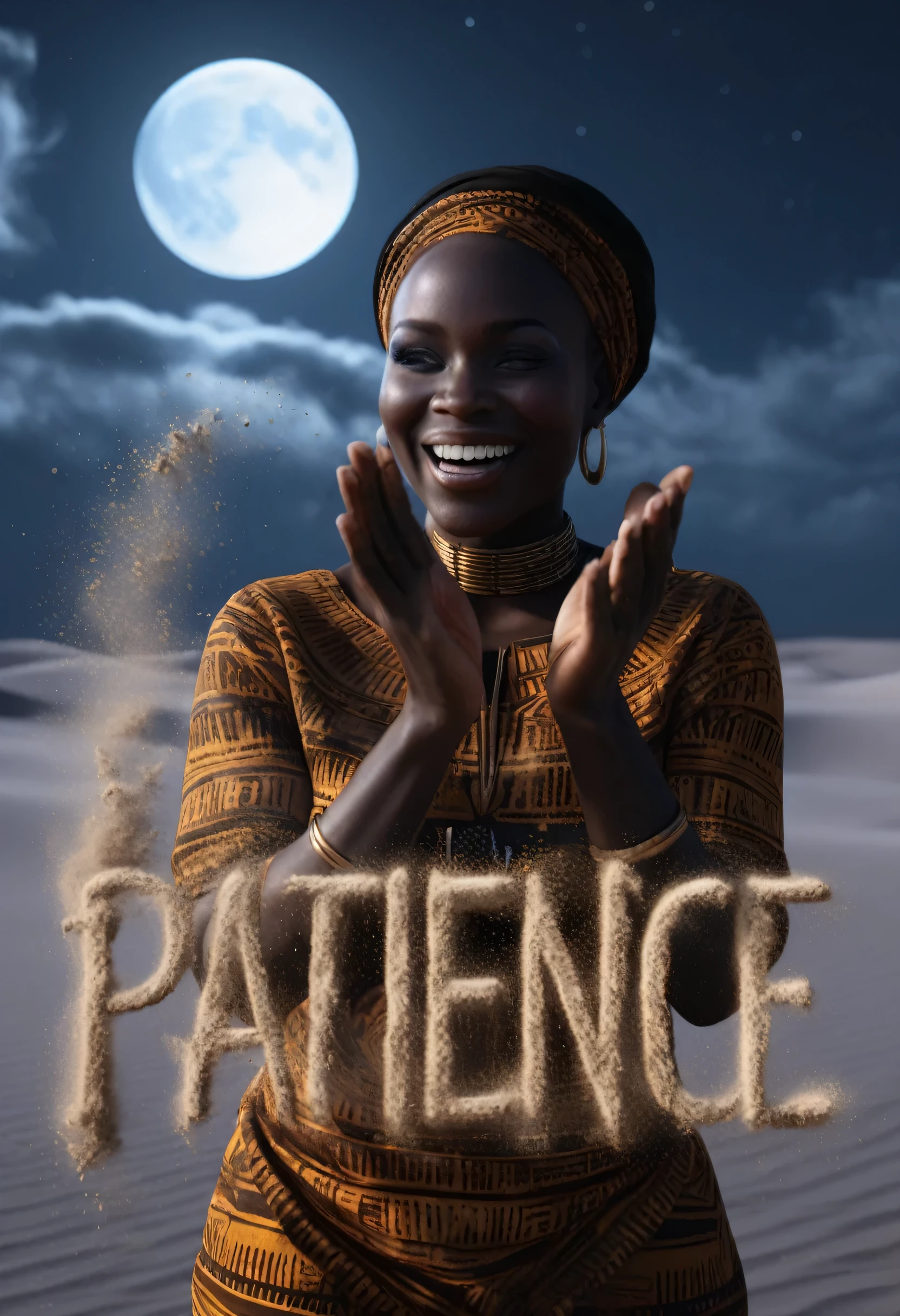 Black woman dressed in african designed clothes dancing and clapping in the desert. Dust in the middle of the desert as she claps, dust creating a text "PATIENCE" infront of her. "PATIENCE" the text in texture of dust particles. Night time with the moon and clouds creating a grey and blue cinematic grading, 32k high definition and high resolution images, unreal engine 5 rendered. Hyper-realistic images with high detailed features providing a viewer with a clear high definition well created masterpiece of art.