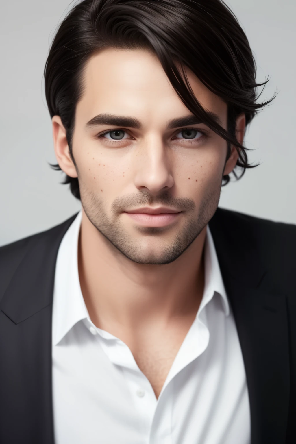 Ultrarealistic long full face and body image of a captivating 33-year-old man with a charmingly handsome face, characterized by deep hazel eyes that draw in anyone within sight. His black hair, sprinkled with lighter highlights, gracefully cascades down his shoulders, framing his face with an air of sophistication. Full lips part in a playful smile, revealing the absence of makeup. Unique features add to his allure – one or more moles add a touch of mystery, and light freckles infuse a natural, youthful energy. His irresistible charm is a harmonious blend of captivating and distinctive attributes.
The subject engages the