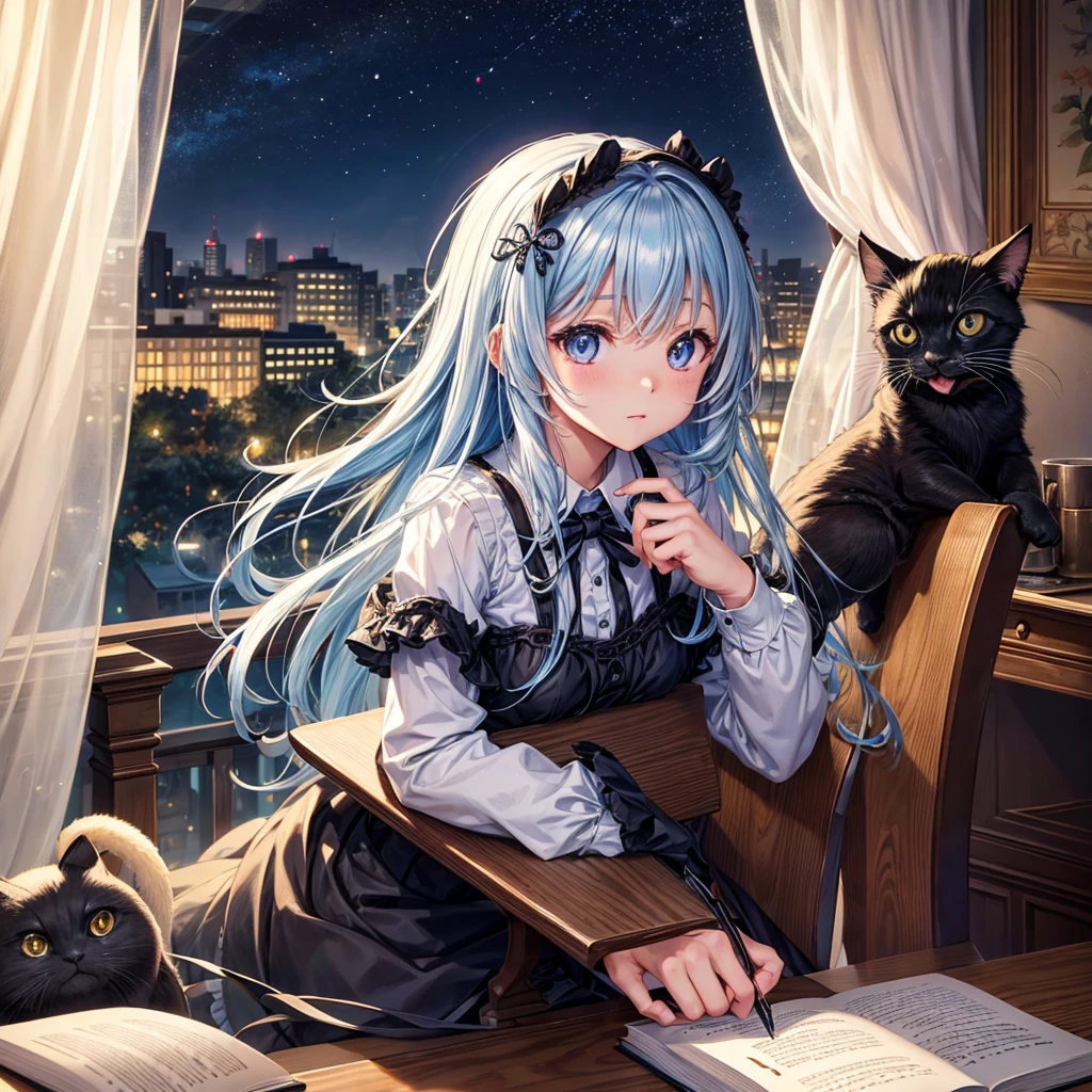Cute detailed anime girl sitting on her table chair in frount of her room window in night time writing on her book her eyes should be on her book and also add a black cat on her table with a cupe of coffee