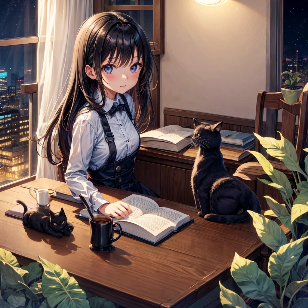Cute detailed anime girl sitting on her table chair in frount of her room window in night time writing on her book her eyes should be on her book and also add a black cat on her table with a cupe of coffee