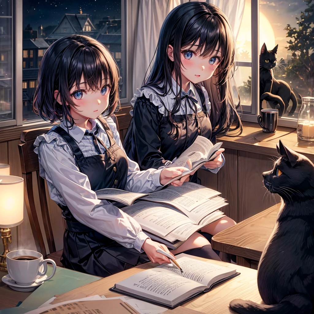 Cute detailed anime girl sitting on her table chair in frount of her room window in night time writing on her book her eyes should be on her book and also add a black cat on her table with a cupe of coffee