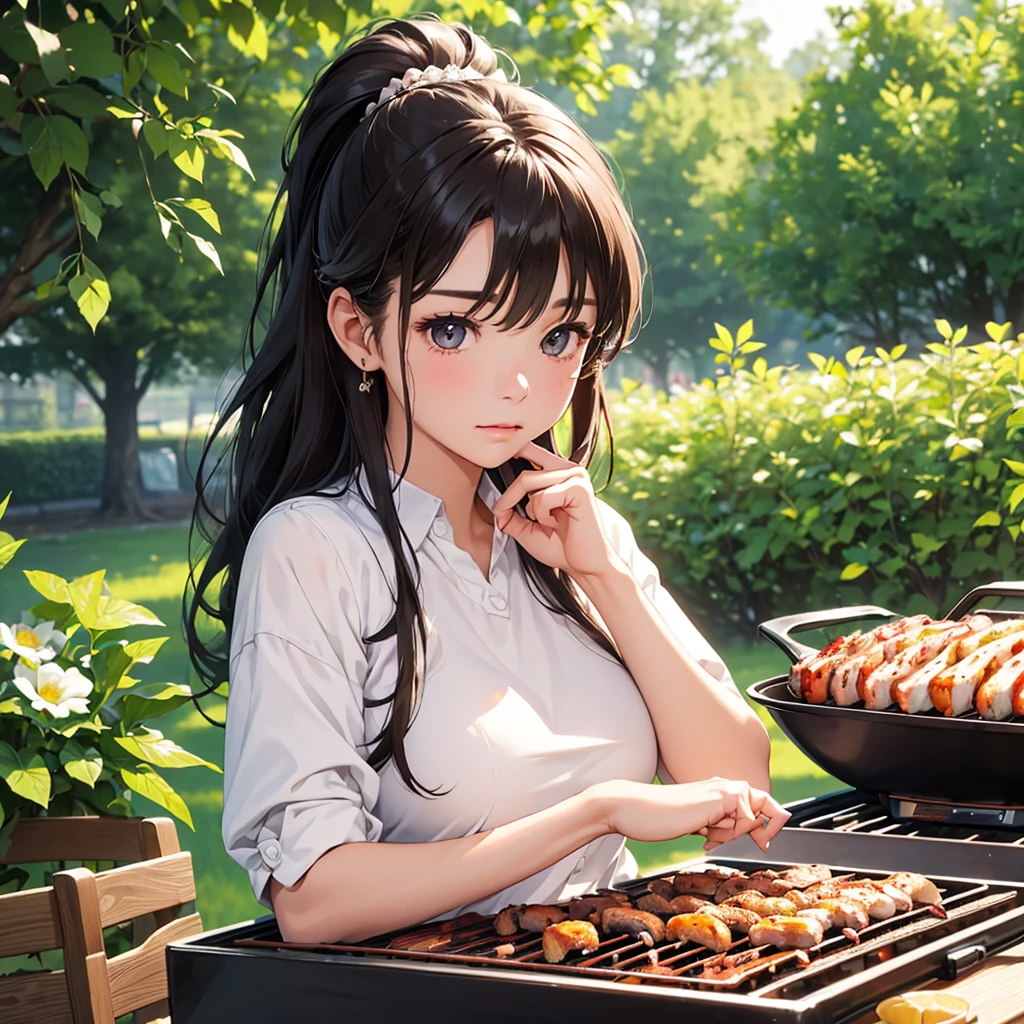 Highest quality、High resolution、Detailed Background、(beautiful face in every detail:1.4)、Anatomically correct、(Draw the usual number of fingers:1.2)、(Detailed facial expressions)、(Detailed eyes:1.2)、(Detailed eyes:1.2)、beautiful, Smooth Skin、Teenage Beauty、(Three Women:1.3)、Huge breasts、(Highly detailed face:1.4)、Brown Hair、Black Hair、cuteカラーの髪色、ponytail、Bobcut、Braided long hair、Wavy Hairstyle、well-groomed eyebrows、Perfect body line、Barbecue Spot、Outdoor cooking area、Cowboy Shot、
(Barbecue Spotで楽しい時間を過ごす女性:1.5)、
You can enjoy a barbecue with your family and friends...、
Bring your own food and grill and cook outdoors.、
テーブルにcuteテーブルクロスやコースターを使ったりcuteカラーの食器やカトラリーを揃えるとバーベキューがより楽しい雰囲気になります、
We also recommend decorating your table with flowers and greenery...、cute