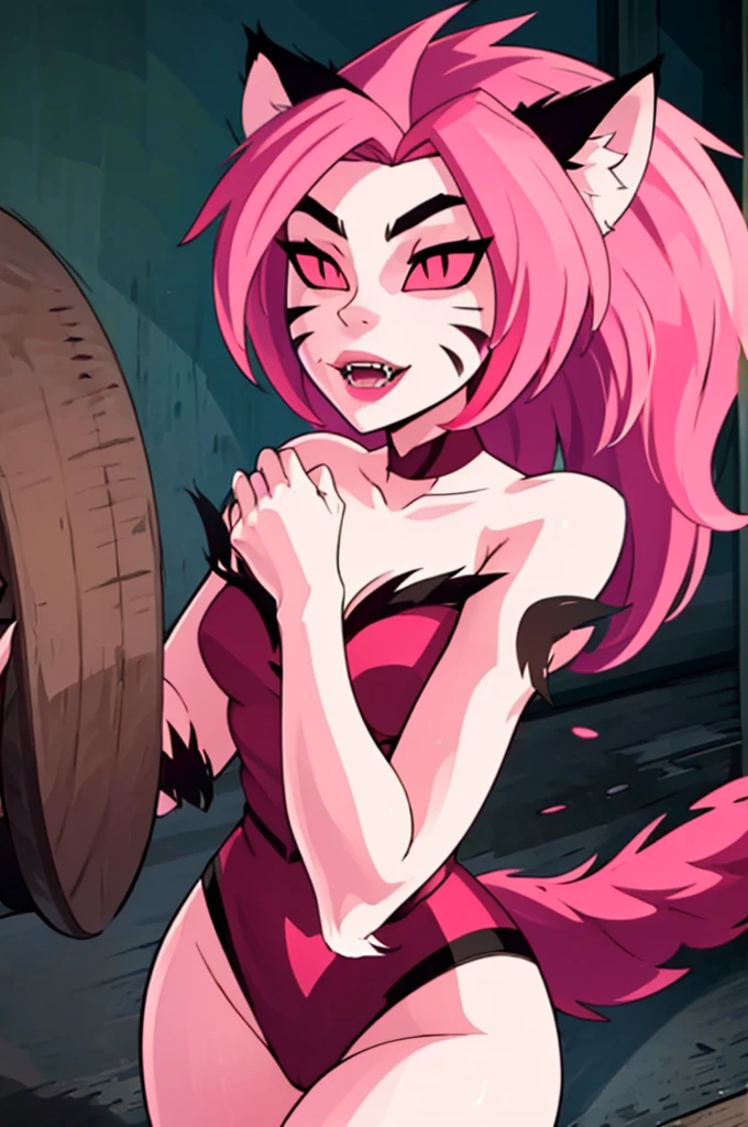 NyaNya,   1girl, solo, pink eyes, pink hair, pink skin, long hair, cat ears, pink sclera, cat tail, claws,  slit pupils, pink lips, whisker markings, pink leotard, fangs, bare shoulders, choker,