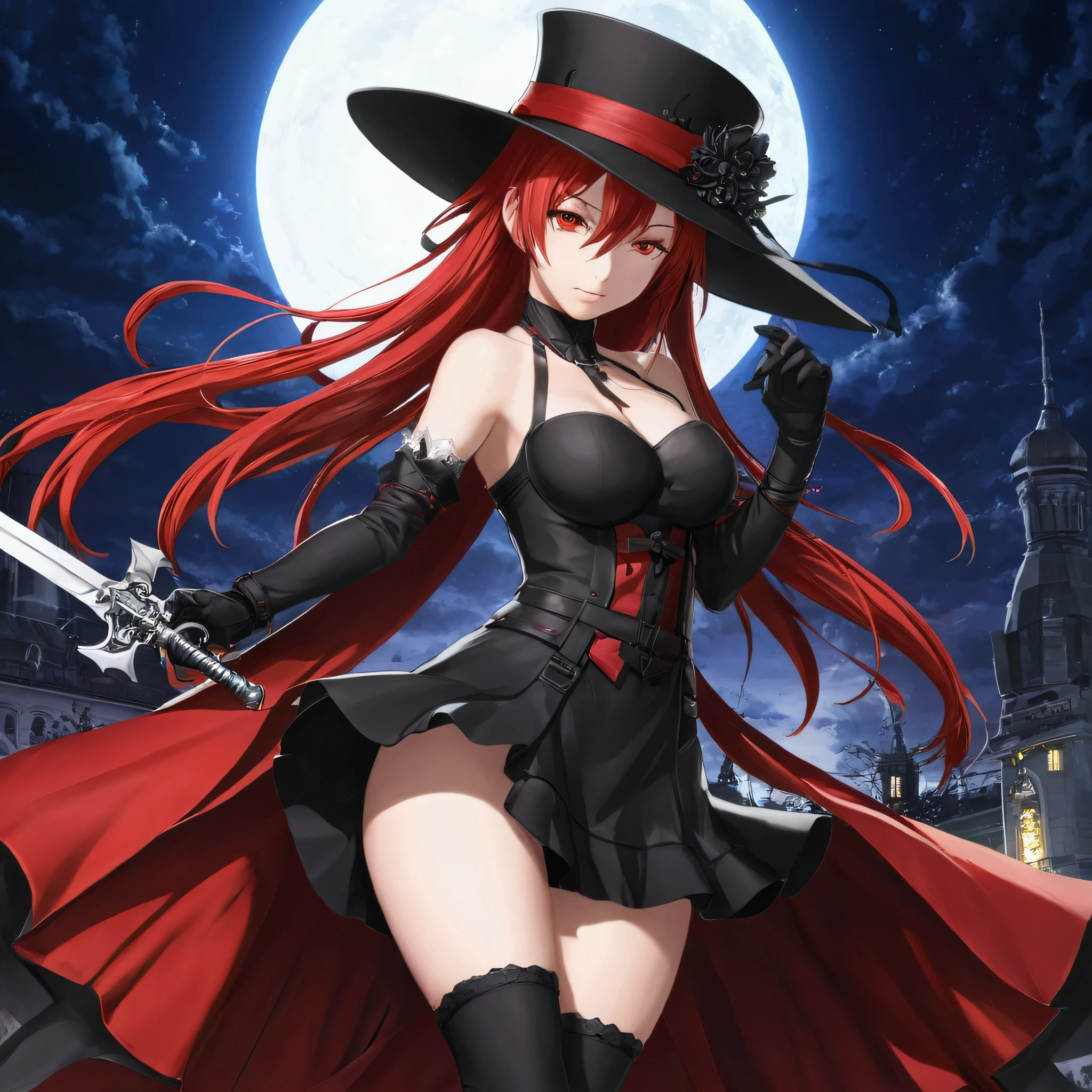 anime, anime girl, red hair, black hat, sword, red dress, red hair, black hat, red dress, red dress, red hair, red, anime art wallpaper 8 k, from arknights, anime art wallpaper 4k, anime art wallpaper 4 k, best anime 4k konachan wallpaper, gothic maiden anime girl, rias gremory,  very dedetailed, fuul body, fuul accessories, cool pose, shining, particles red and white, yellow flash, Ia ada dalam sebuah taman yang penuh dengan bunga mawar dan kepingan bunga mawar yang berjatuhan