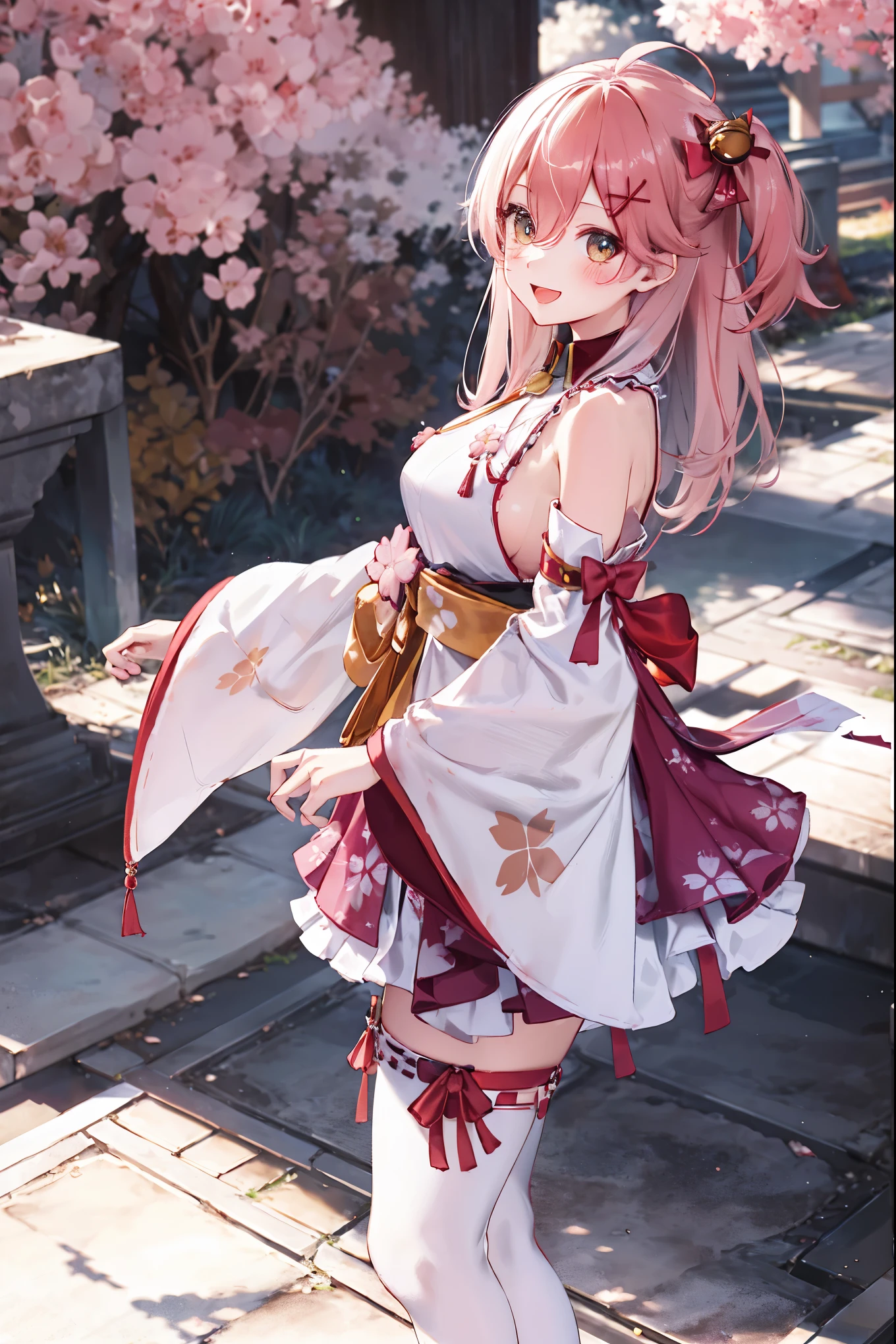 masterpiece, best quality, highres, miko1, sakura_miko, 1girl, big_boobs, solo, ahoge, x_hair_ornament, pink_hair, floral print, hairclip,(side_less_clothes:1.5), (side_boobs:1.5), hair_bell, floral print, long_hair, hair between eyes, one side up, white thighhighs, asymmetrical legwear, wide sleeves, open_mouth,(happy:1.3),gleen_eyes,big_smile,(rise_leg:1.3),plump,apart_legs,(overly_long_sleeves:1.3),),sleeves_past_wrists,hands_hidden_sleeves,sidelock_clothes,dynamic_posing,solo,hidden_wrists,(XD:1.4),covered_nipples,sunlight,cherryblossom_temple_landscape_background,