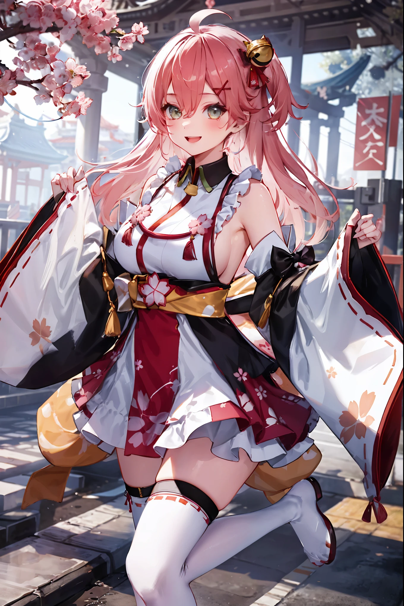 masterpiece, best quality, highres, miko1, sakura_miko, 1girl, big_boobs, solo, ahoge, x_hair_ornament, pink_hair, floral print, hairclip,(side_less_clothes:1.5), (side_boobs:1.5), hair_bell, floral print, long_hair, hair between eyes, one side up, white thighhighs, asymmetrical legwear, wide sleeves, open_mouth,(happy:1.3),gleen_eyes,big_smile,(rise_leg:1.3),plump,apart_legs,(overly_long_sleeves:1.3),),sleeves_past_wrists,hands_hidden_sleeves,sidelock_clothes,dynamic_posing,solo,hidden_wrists,(XD:1.4),covered_nipples,sunlight,cherryblossom_temple_landscape_background,