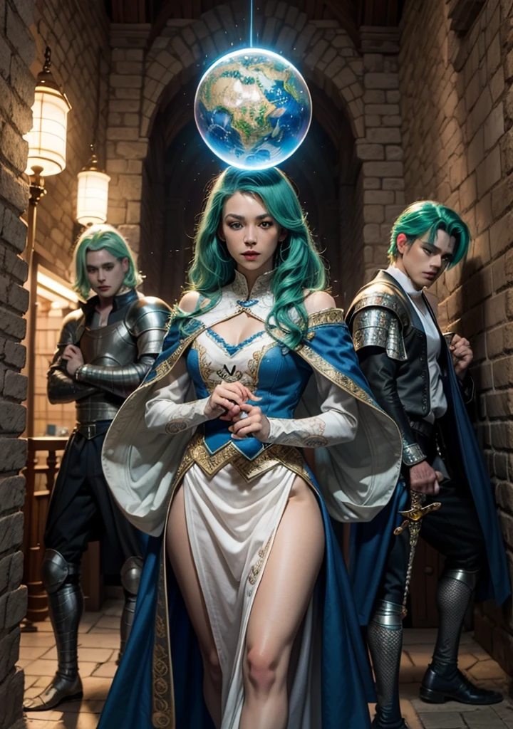 (((3 friends, (2 men: 2), 1 woman) :2, Medieval world): 2). ((redhead woman, blue eyes, White shirt, blue skirt, sword in hand. Homem moreno de blue eyes escuro, villager outfit and holds glowing white sphere. green hair man, jumpsuit and holds bright blue sphere. Red eyes with fluctuating energies, medieval city): 2). extremely detaild, 8k, HdR, natural light, cinematic lighting, masterpiece-anatomy-perfect, ultra HD, raw photo, professional, ultra-fine painting, perfect body proportions, Anatomically correct, UHD, real texture material, anti-aliasing, FKA, THAI, SSAO, Post processing, Post Production, Tone Mapping, cgi, VFX, SFX, Hyper maximalist, volumetric, ultra photorealultra-detailed intricate details.