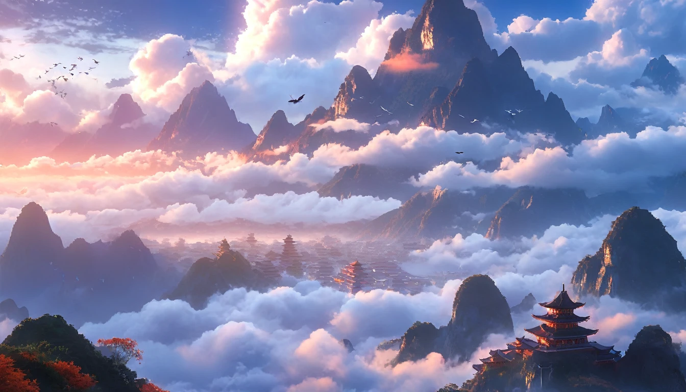 Arien landscape is a beautiful scenery of mountains and clouds. Blue sky,sunny. As you approach sunset, Changes color from orange to red, creating a stunning visual effect. Beautiful and peaceful outdoors, The chirping of birds was heard in the distance. In this fantasy world, There are tall buildings and cities,. This is a great place to visit and enjoy the natural beauty.