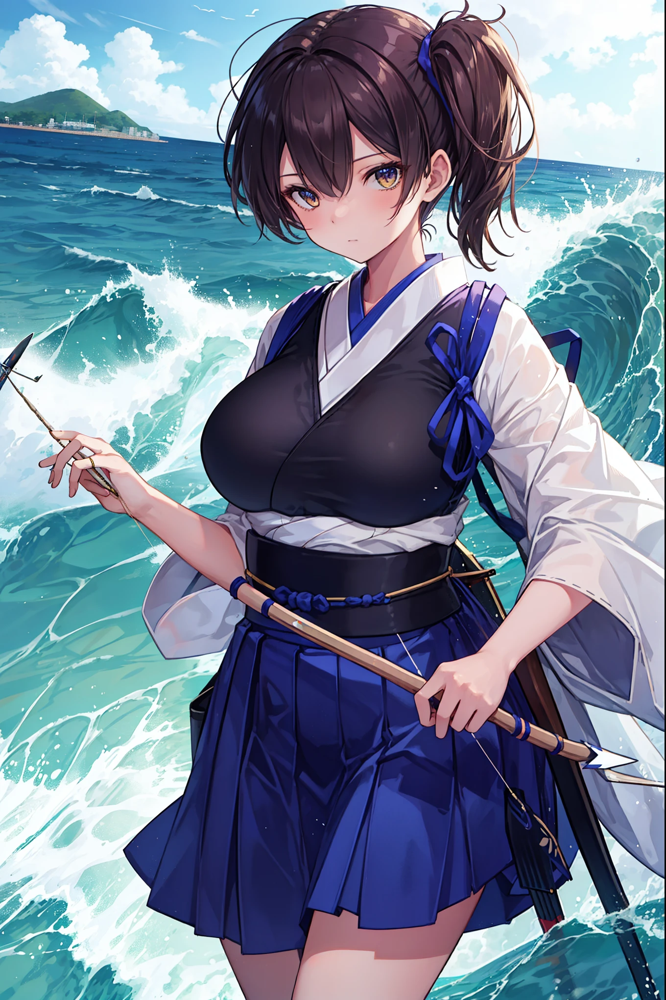 Kaga(Fleet Collection),highest quality, masterpiece, High resolution,kimono,blue skirt,side ponytail,big_breasts,solo,Japanese_bow&arrow,dynamic_posing,half_eyes,solo,plump,sea_landscape_background,waves