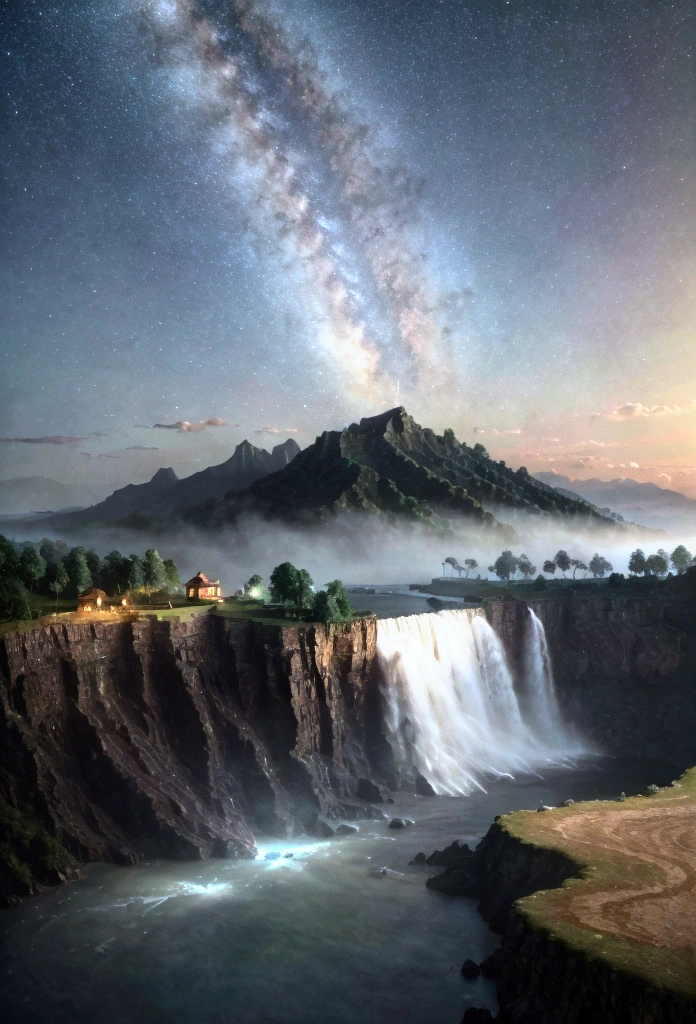 huge waterfall, EbonyGoldAI Masterpiece, best quality, high quality, high resolution, (((beautiful detailed sky))), wonderfuleur, cottage, wonderful(magnificent, fancy), Vision(see), great sight, high quality, ((best shadow)), realistic, nature, sight, cloud, mountain, grass, rock, hill, cliff, tree, sidewalk, night sky, moon, ((very detailed)), (best illustration), ((very delicate and beautiful)), dynamic angle, river, trace, Bench, Highest quality image quality, quiet, Far away_away