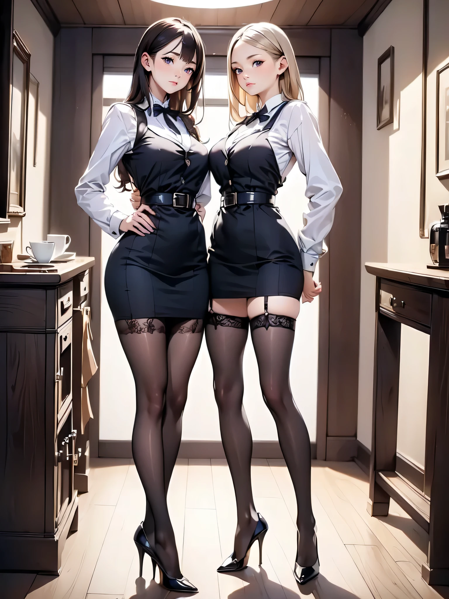 (masterpiece:1.3),(best quality, highest quality),((Full Body Shot,Including face)),1girl,Standing position,4K,masterpiece,((Focus on the face)),((Symmetrical facial features)),Beautiful woman,slender,((High heels,Patterned stockings with straps)),Detailed depiction of the face,locker room,Cafe clerk uniform,Realistic,Profile during break