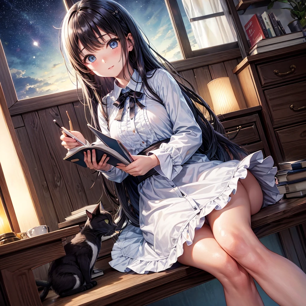 Cute detailed anime girl sitting on her table chair in frount of her room window in night time writing on her book her eyes should be on her book and also add a black cat on her table with a cupe of coffee i her face to word the book 