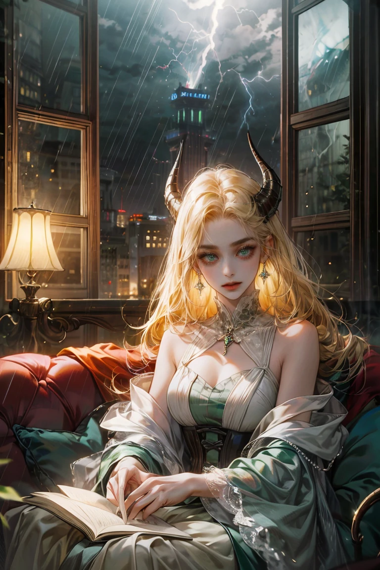 8k, complex, elegant, Very detailed, majestic, digital photography, surreal painting, defeat magic, dark living room, rain storm out the window, Winding lightning, (masterpiece, side light, fine and beautiful eyes: 1.2), (bright green eyes)), victorian dress, Chica elegant, cana, musculature, White skin, demon horn, Raining, elegant, in front of the camera, masterpiece