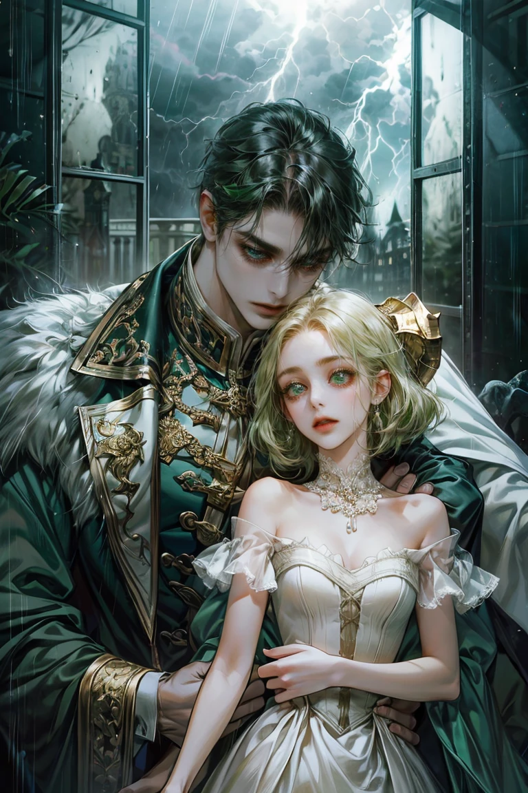 8k, complex, elegant, Very detailed, majestic, digital photography, surreal painting, defeat magic, dark living room, rain storm out the window, Winding lightning, (masterpiece, side light, fine and beautiful eyes: 1.2), (bright green eyes)), victorian dress, Chica elegant, cana, musculature, White skin, demon horn, Raining, elegant, in front of the camera, masterpiece