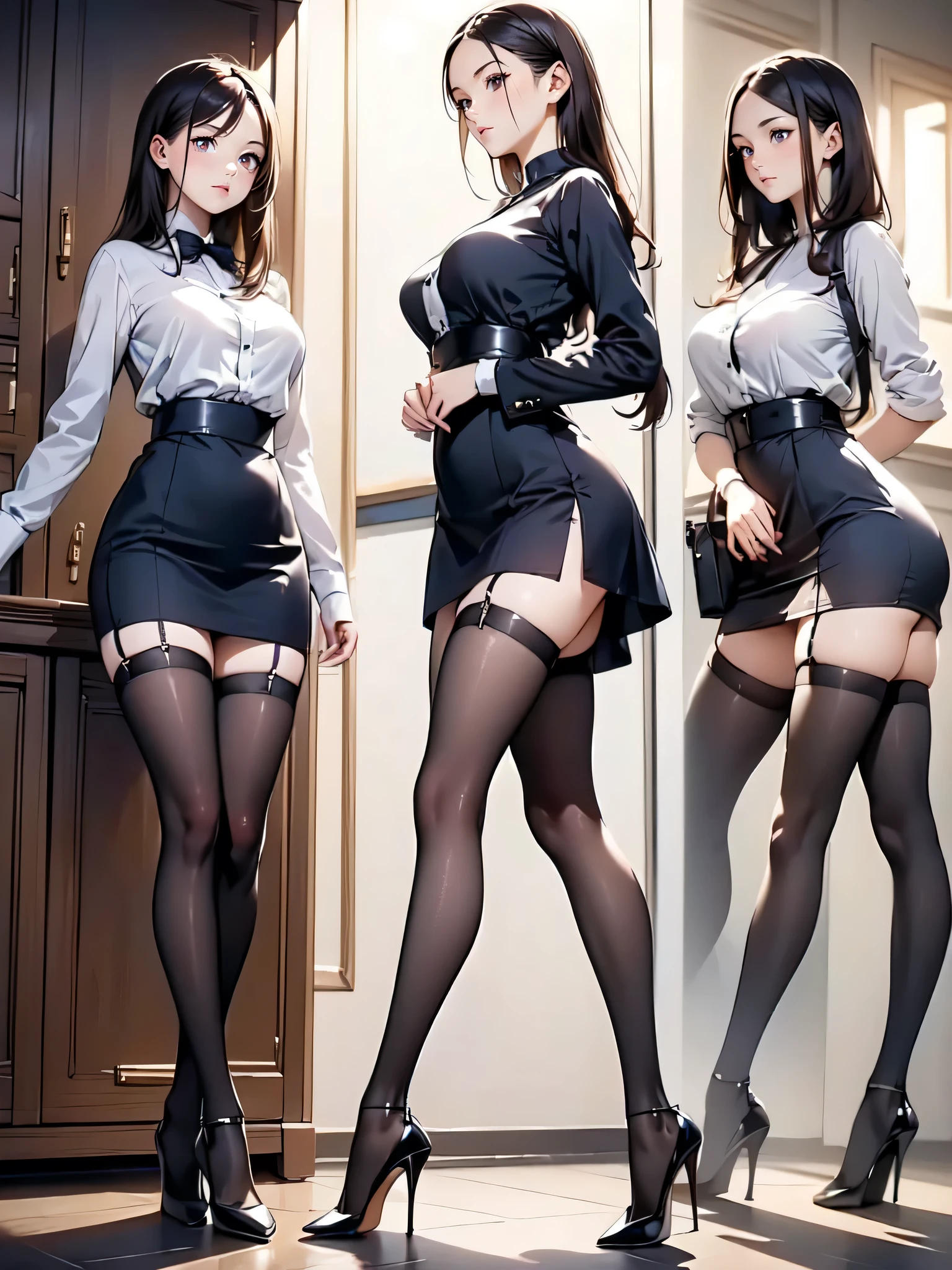 (masterpiece:1.3),(best quality, highest quality),((Full Body Shot,Including face)),1girl,Standing position,4K,masterpiece,((Focus on the face)),((Symmetrical facial features)),Beautiful woman,slender,((High heels,Patterned stockings with straps)),Detailed depiction of the face,locker room,Cafe clerk uniform,Realistic,Profile during break