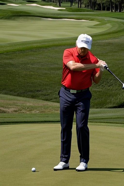 Create an image of Donald trump playing golf