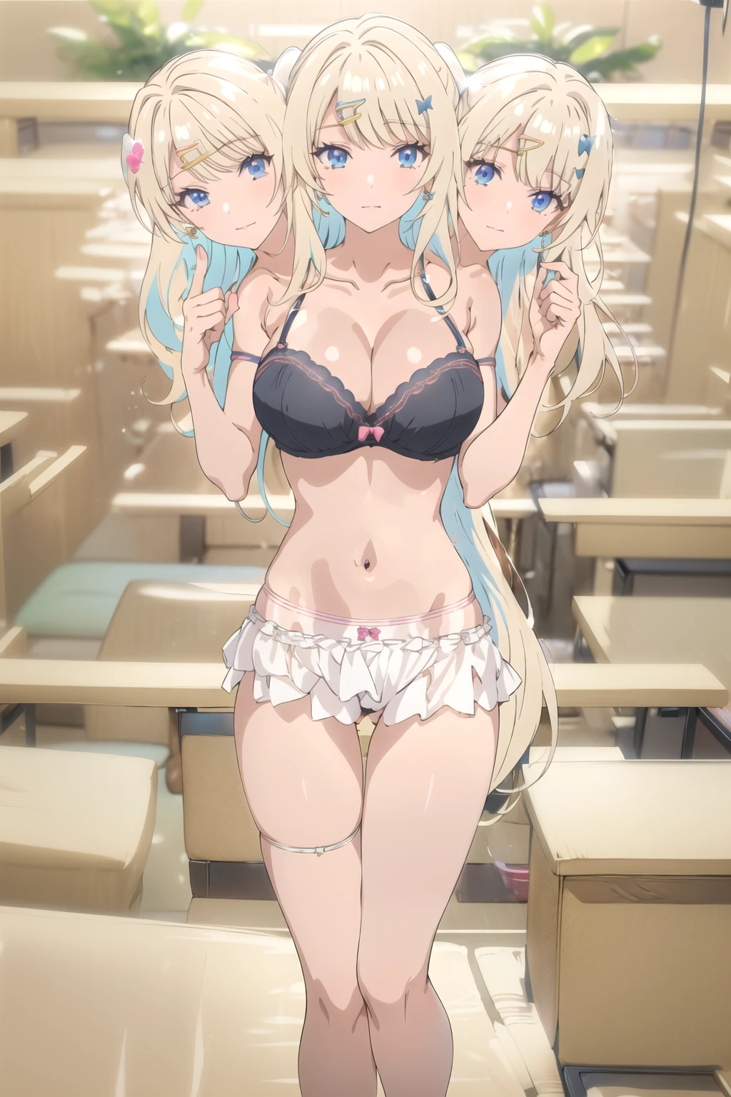 (masterpiece, best quality), ShirakawaRuna, (3heads:1.5), 1girl, blonde hair, multicolored hair, bangs, one side up, long hair, blue eyes, hairclip, jewelry, earrings, very large breasts, gyaru, cleavage, collarbone, lingerie, black lingerie, beautiful body, bra, beautiful legs