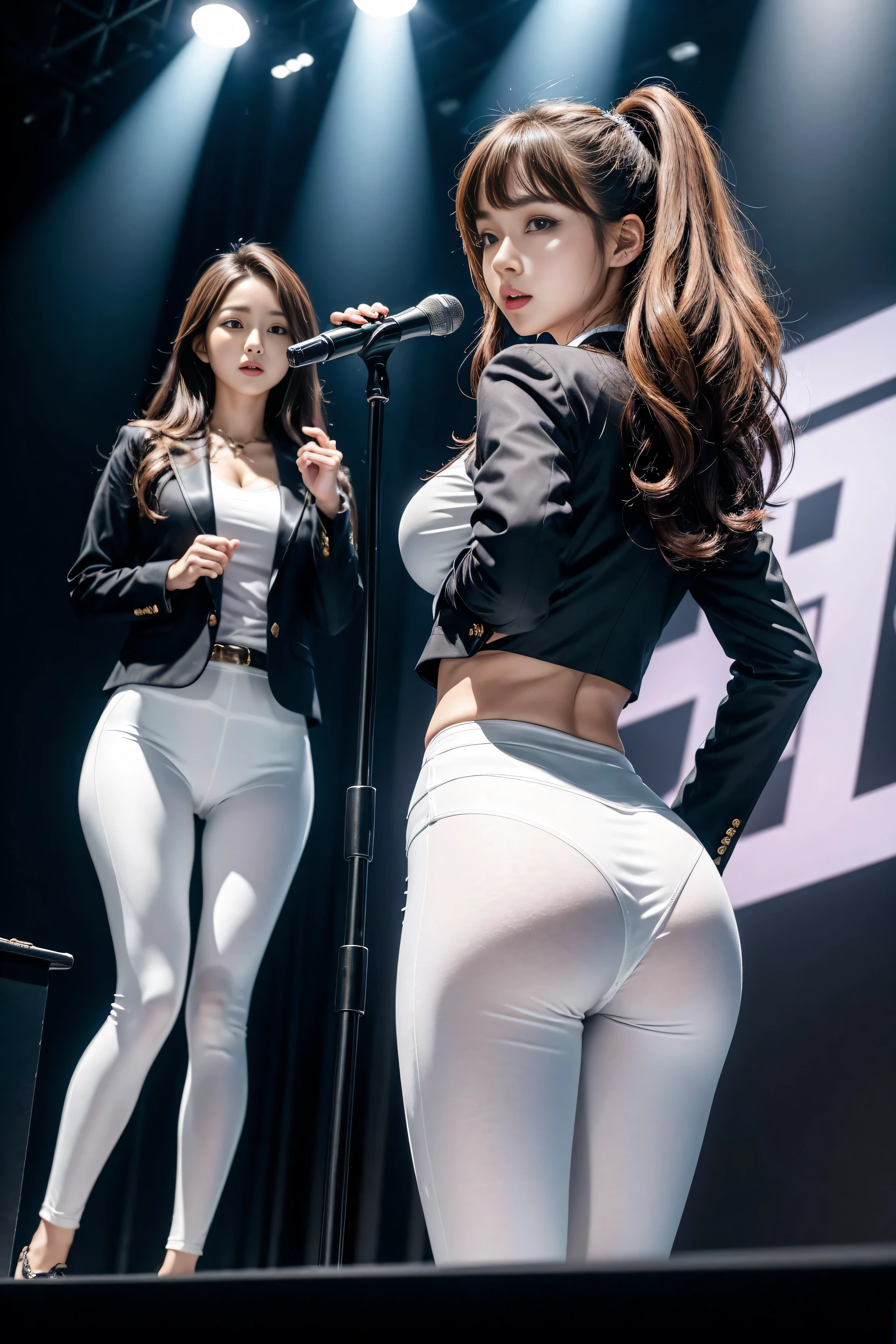 （8K，best quality，masterpiece，Practical，Very detailed：1.3），（2 girls，Beautiful Korean girl, Korean Idol），（Black Blazer：1.2），（White leggings：1.1），（Serious expression：1.2）discuss，（speech，Handheld microphone：1.2）（crowd，audience：1.3），Sexy long legs， （Thigh gap：1.5），Wide hips，S-Shaped Body， Hip lift，Brown curly hair，（Ass Focus：1.1）Shot from behind