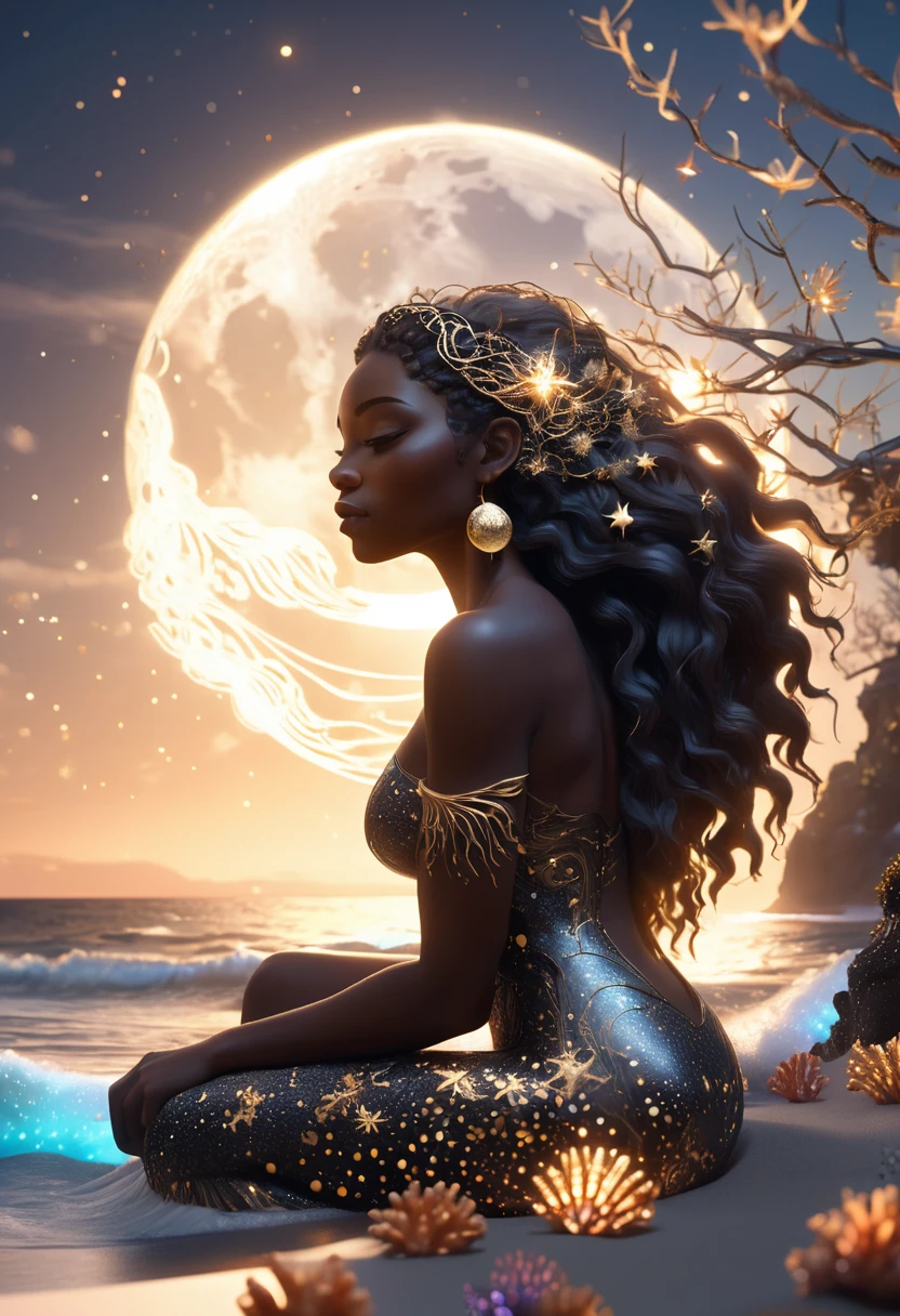 Line illustrations in shape of a black woman holding the moon with gold dots designing the glowing hair, flowing long hair made of twinkling stars, she's sitting at the ocean shore surrounded by glittering seashells and coral reefs, sunrise in the background colliding with the ocean wave, crafted using cutting-edge 3D modeling, Octane rendering, V-Ray, and Unreal Engine, evoking an otherworldly, cinematic atmosphere.