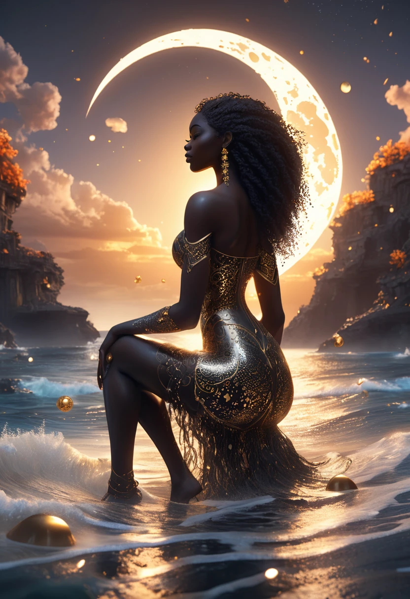 Line illustrations in shape of a black woman holding the moon with gold dots designing the glowing hair, flowing long hair made of twinkling stars, she's sitting at the ocean shore surrounded by glittering seashells and coral reefs, sunrise in the background colliding with the ocean wave, crafted using cutting-edge 3D modeling, Octane rendering, V-Ray, and Unreal Engine, evoking an otherworldly, cinematic atmosphere.