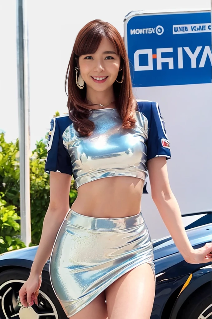 Ultra-high resolution, 1 Girl, 24 years old, (Idols:1.4), (Famous actresses :1.4), (Beautiful detailed face:1), Bangs, (Multicolor floating hair), Skin Dentition, Light makeup, (Beautiful medium breasts:1.3), (Sparkling Skin:1.1), Shiny skin, Long limbs, Slim, medium Breasts:1.3, Narrow waist, Medium Hips, Thin legs, thick thighs, Dynamic Lighting, Sexually suggestive faces, Glossy texture, Lipstick, V-shaped eyebrows, V Line Jaw, Looking at the Viewer, (Long Hair:1.3), (Perfect Face:1.4), Flowing hair, audience, (A shy smile:1.3), blue sky, (((Monte Carlo Street Circuit))), (((Racing Car))), (((Racing Bike))), ((Promotion Girl:1.3)), ((Grid Girls:1)), Pink Lips, Light makeup, (Detailed promotional costumes are intricately worn:1.10), full body, Lace-up boots, Short sleeves, Cropped tops, ((Short jacket:1)), (Tube Top Bra:1), short skirt, miniskirt, thick legs, Knee-high, (((Nylon short-sleeve jacket with many logos))), (Logo glitter long nylon pleated skirt), Small Ass, ((Promotional wear with logo:1.3)), (((Shiny silver and metallic blue glitter promotional wear))), Fingerless gloves, Black Hair, Brown hair, Red Hair, Walking, audience, lovely smile