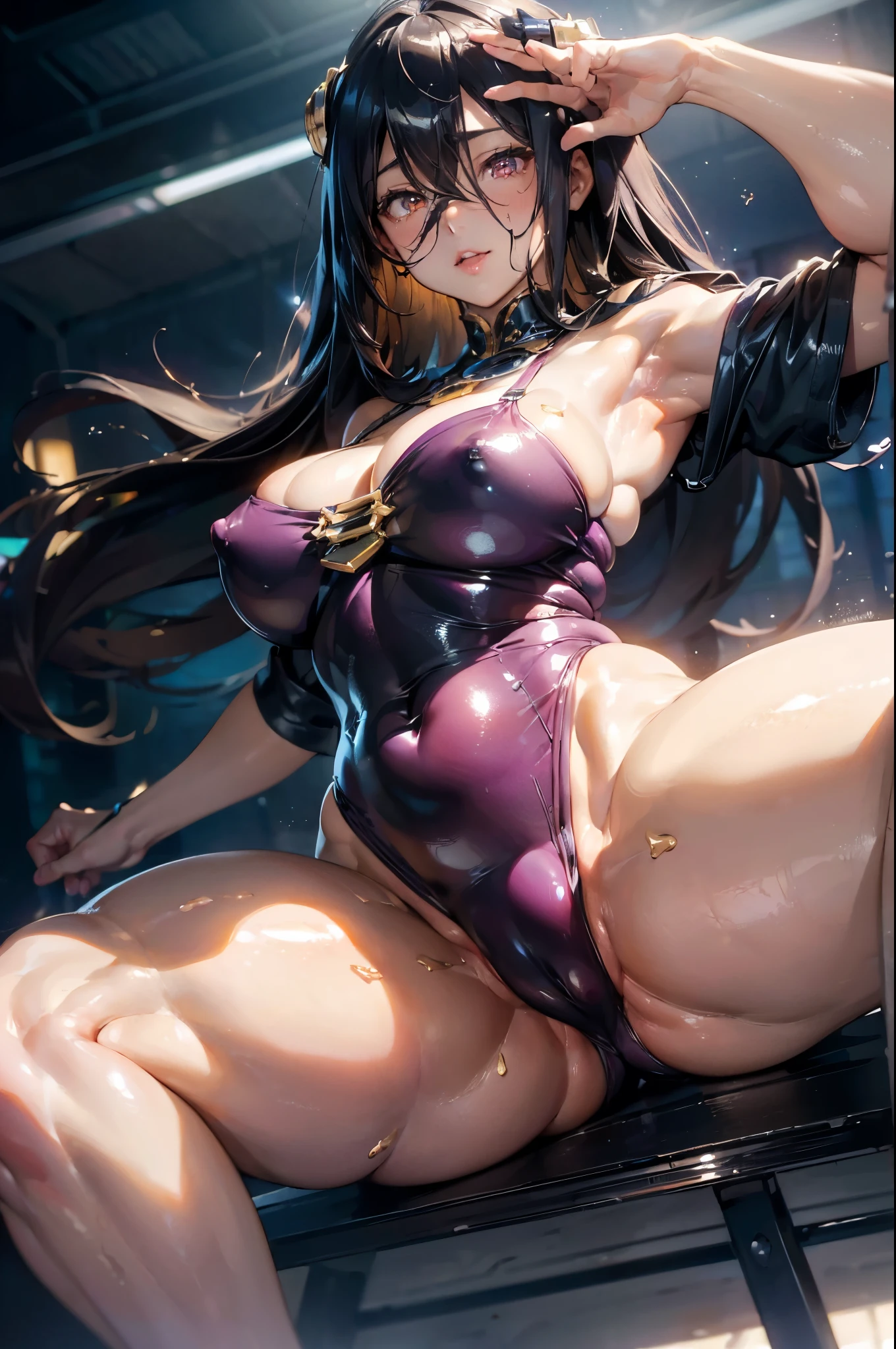 ((best quality)),((masterpiece)),((Extremely detailed CG 8k)),Shooting from the front,((一名figure高大的 45 岁士兵)),((Express)Smile),((skin)Sweating,Shiny all over,Slippery and shiny),(Wearing dark pink lipstick,Heavy makeup),((figure)高挑性感figure,Tight abdomen,long, Strong, Plump legs,Plump thighs,Large Breasts,Plump and obscene big areola,Big nipples),((Sight)カメラSight),Fascinating eyes,Standing,She raised her arms，showing her armpits.,Please show your armpits, Armpits,High sweat humidity,Smells like sweat,Looking down at the audience,Shiny all over,Woman is showing off her armpits,Obscene body,Full body photo from head to toe，(Spread your legs as far as possible:1.5),(Open your thighs boldly:1.5),(Spread your legs boldly:1.5),(Command to open your legs:1.5)huge , Crazy breast swelling, Chest larger than shoulder blades, Big breasts and thin waist，(huge breasts:1.2)，Hydrated skin（（rogue））（（非常huge乳房）），（（凹槽露出原有的skin）)（（Open your legs））