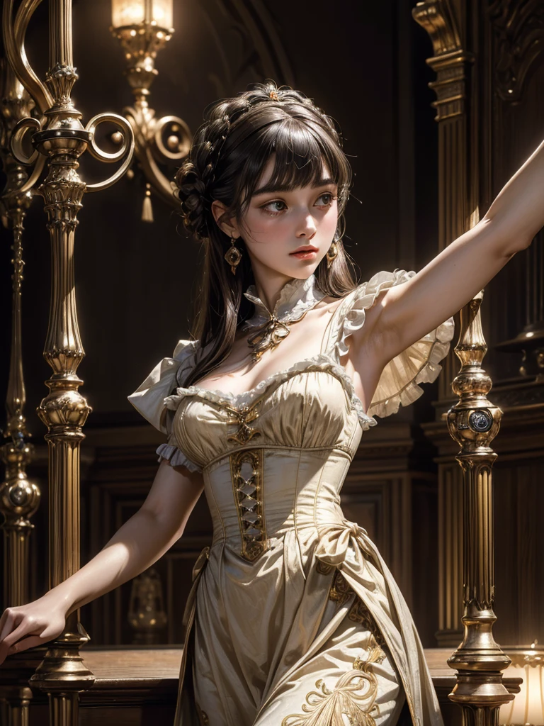  Armpit Show,((masterpiece:1.4, Highest quality)), (Realistic photos:1.4), (artwork), ((1 girl)), (Otherworldly beauty), (dream-like), (超High resolution:1.2), Very delicate and beautiful, wonderful, Very detailedな CG Unity 8k 壁紙, Very detailed, High resolution, Soft Light, Beautiful detailed girl, Very detailedな目と顔, Beautiful and detailed nose, Beautiful and detailed, (Dressed in 19th century Belgian costume:1.3), Cinema Lighting, Perfect Anatomy, Slender body, (Parted bangs), (Vermeer&#39;Portrait of a Girl:1.5), (Subject of the painting), (Picture background), Cowboy Shot