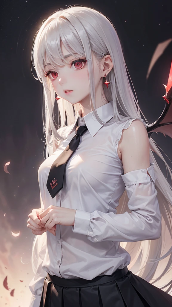 (Highest quality,Very detailed,High resolution:1.2),One Girl,Gray Hair,The most beautiful girl in human history,(1 photo from the front)、暗い red eyes (暗いred eyes:1.1),さみし気なaura(aura:1.1),(mysterious,Ghostly:1.1) atmosphere,Looks like half a demon,(Demonic traits,Demonic traits),(Elaborate,wonderful) Earrings,Small Ass,Elongated beautiful legs、tie、White shirt、Uniform skirt、Semi-long hair that reaches the shoulders, ((Upper Body Shot)), (Focus on the chest and face), Medium sized big breasts,A big full moon shines in the dark night sky、Dirty body、Clear eyes、Are standing