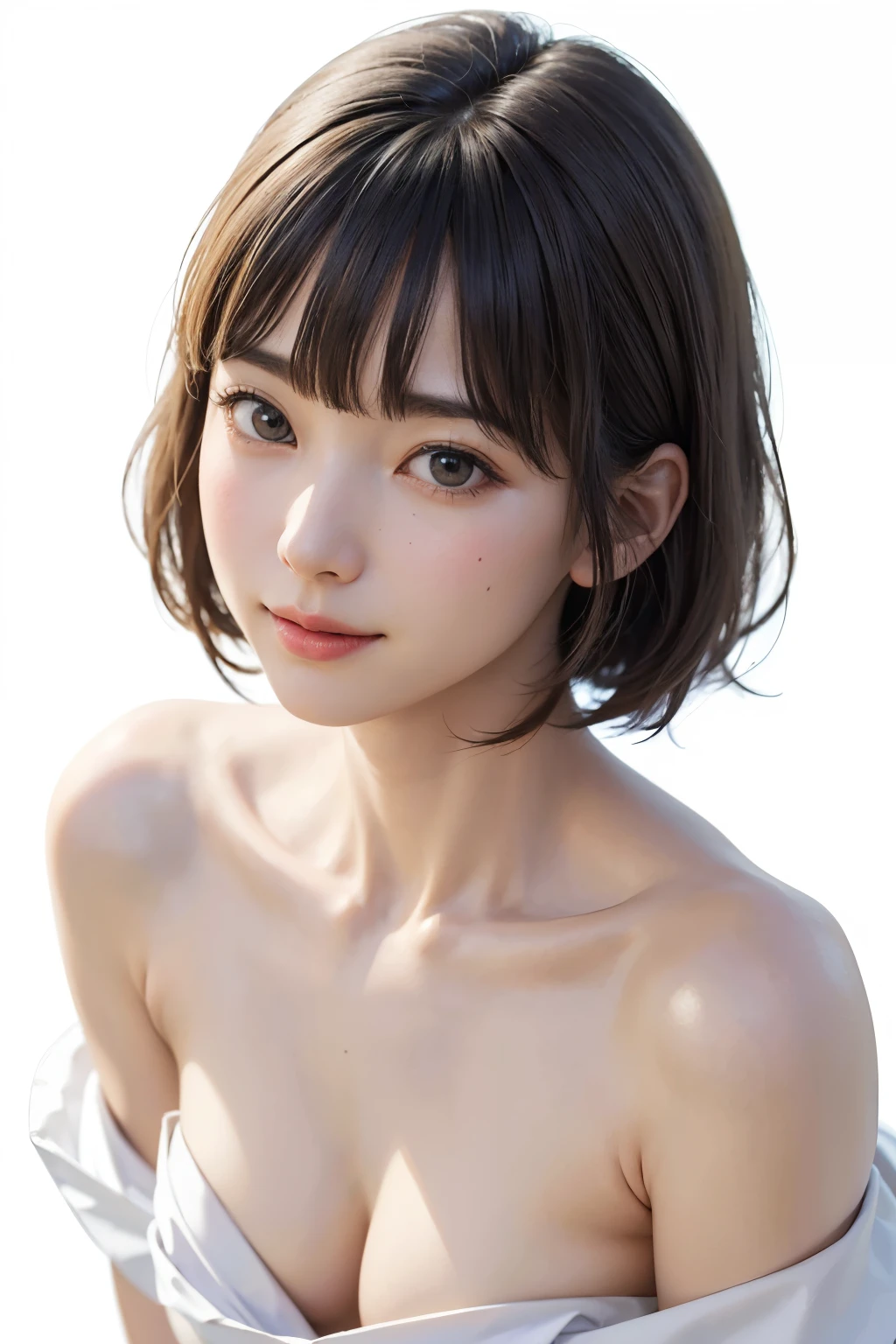 ((masterpiece, Highest quality, High resolution、Everything is beautifully detailed)), One Girl, (Realistic: 1.4), alone, White Background, snow-White Background, ((From above, A little above, look up at the viewer, look up, look up at the camera, Looking into the camera)), Mouth closed, smile, smile, smile, Beautiful black hair, bangsのあるショートヘア, Big eyes, Transparent double eyelids, eyelash, Listen carefully, Beautiful long neck, Absolute area, (Draw the whole head, shoulder), 19 years old, Attractive proportions, Glowing Skin, Beautiful clavicle, Golden ratio face, Perfect Face, Tearful mole, chestのほくろ, bangs, clean bangs, Lip gloss, Thin lips, Fair skin, naked, Big Breasts, Small face, Small face, Draw the whole head, draw all shoulder,Huge chest. Great chest、{Huge|big|Hugeな|Mega} chest, chestの谷間