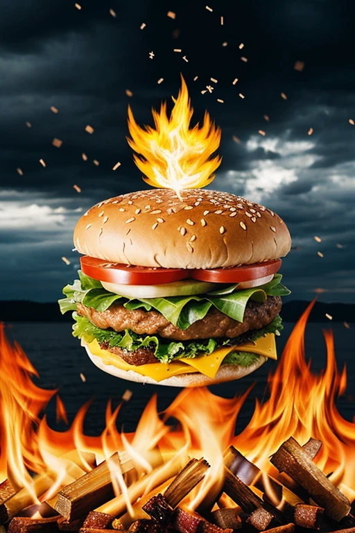 Hamburger falling from the sky with fire