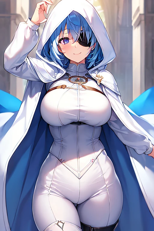 1girl, large breasts, light blue hair, purple eyes, one eye covered, eyepatch, ((eyepatch)), short hair, smile, light smile, cloak, white cloak, white hood, white cape, cape, belt, white pants, white clothes, hood up, pants, ((pants)), hourglass figure, bow