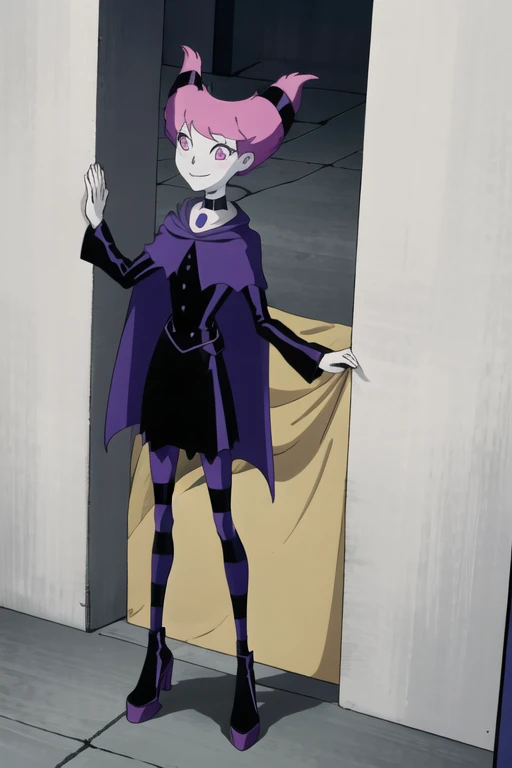 Jinx_Titans, 1girl, solo, pink eyes, pink hair, grey skin, hair up, pale skin, medium hair, hair horns, choker, striped pantyhose, capelet, black dress, jewelry, smile, cape