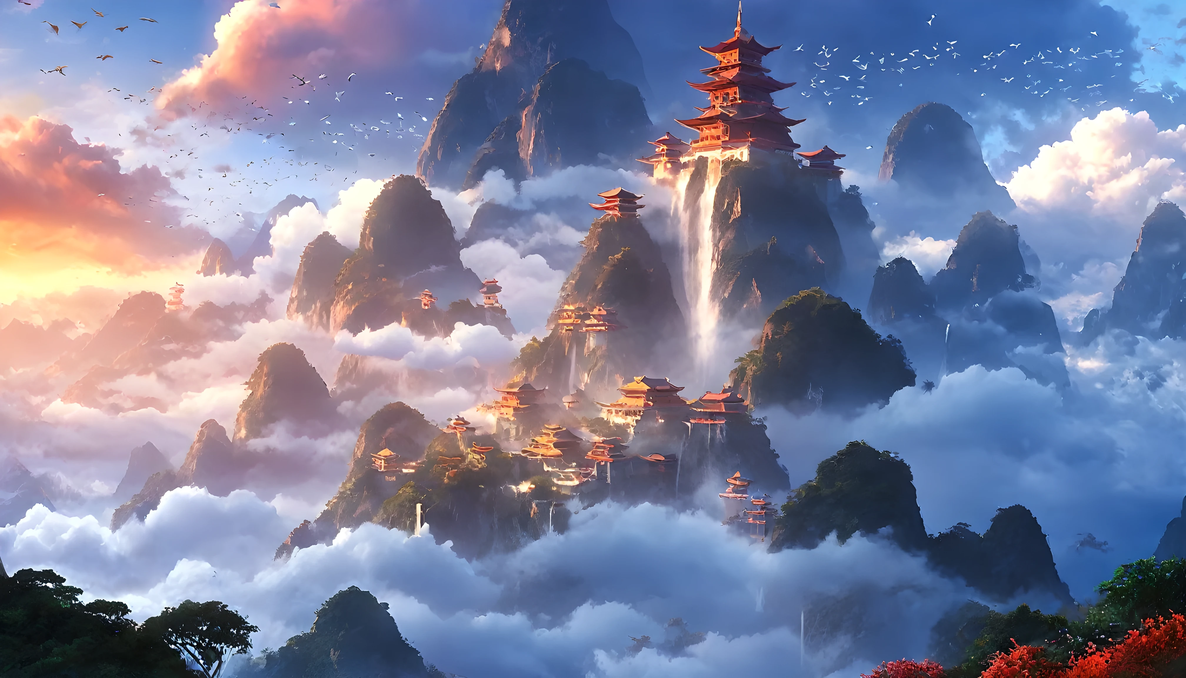 Arien landscape is a beautiful scenery of mountains and clouds. Blue sky,sunny. As you approach sunset, Changes color from orange to red, creating a stunning visual effect. Beautiful and peaceful outdoors, The chirping of birds was heard in the distance. In this fantasy world, There are tall buildings and cities,. This is a great place to visit and enjoy the natural beauty.