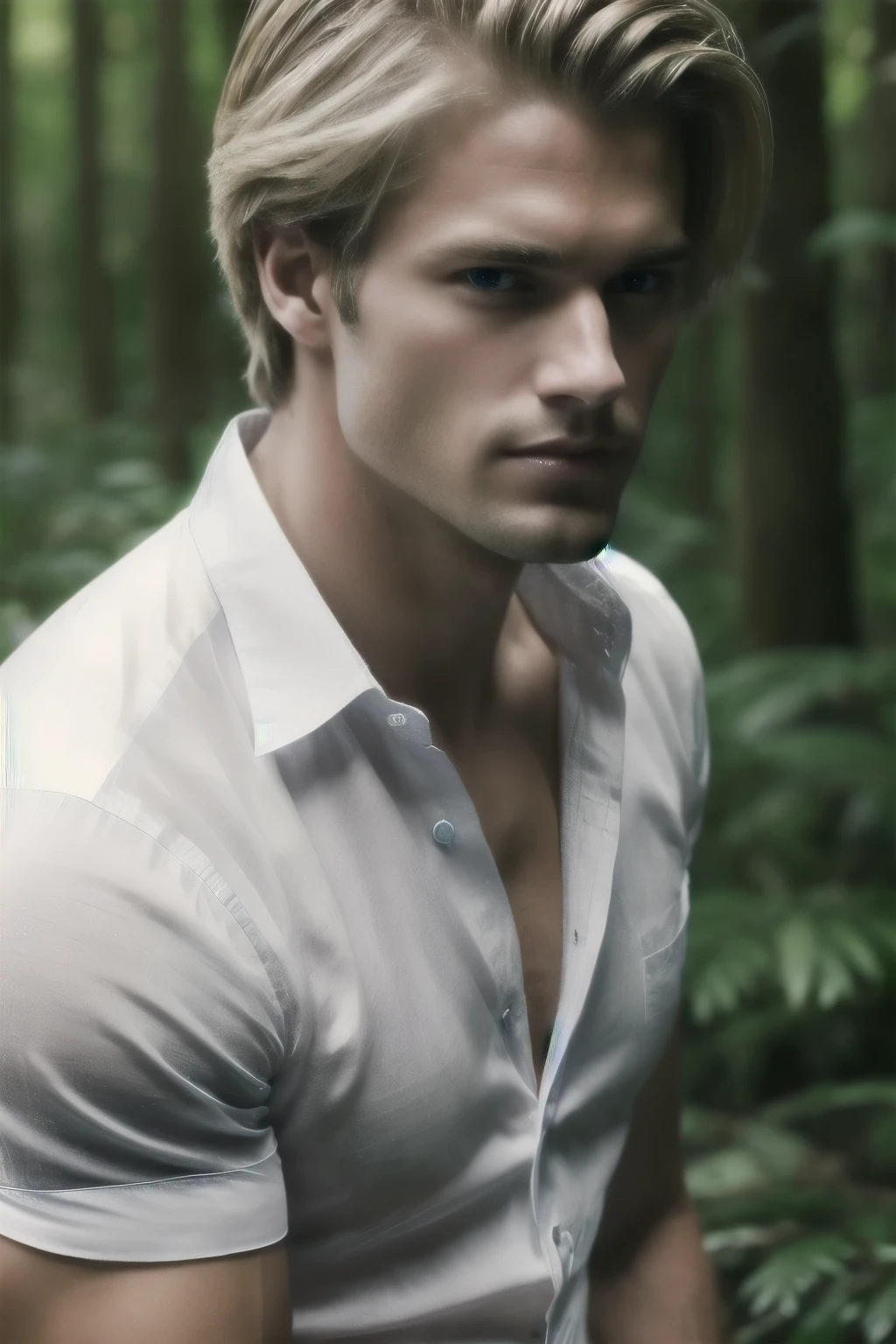 A 28-year-old blond man, with sun-kissed hair and prominent jawline, undergoes a professional photoshoot. The high-quality images, captured in a lush forest, showcase his chiseled features and toned physique. Dressed in a simple white linen shirt, opening to reveal a hint of his muscular chest, he exudes a charismatic, confident demeanor. His piercing blue eyes, framed by thick lashes, radiate an alluring charm, captivating the viewer's attention. The session, reminiscent of Cindy Crawford's iconic 80's style, is filled with soft light