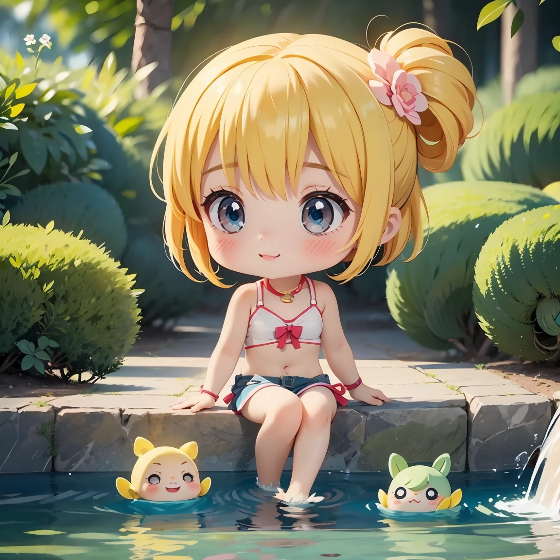  Super Chibi Character：1.8、background：Pool、Blonde Hair、Cute 7 year old girl、Super Chibi Character：1.8、Cute Bikini、Enjoying playing in the water