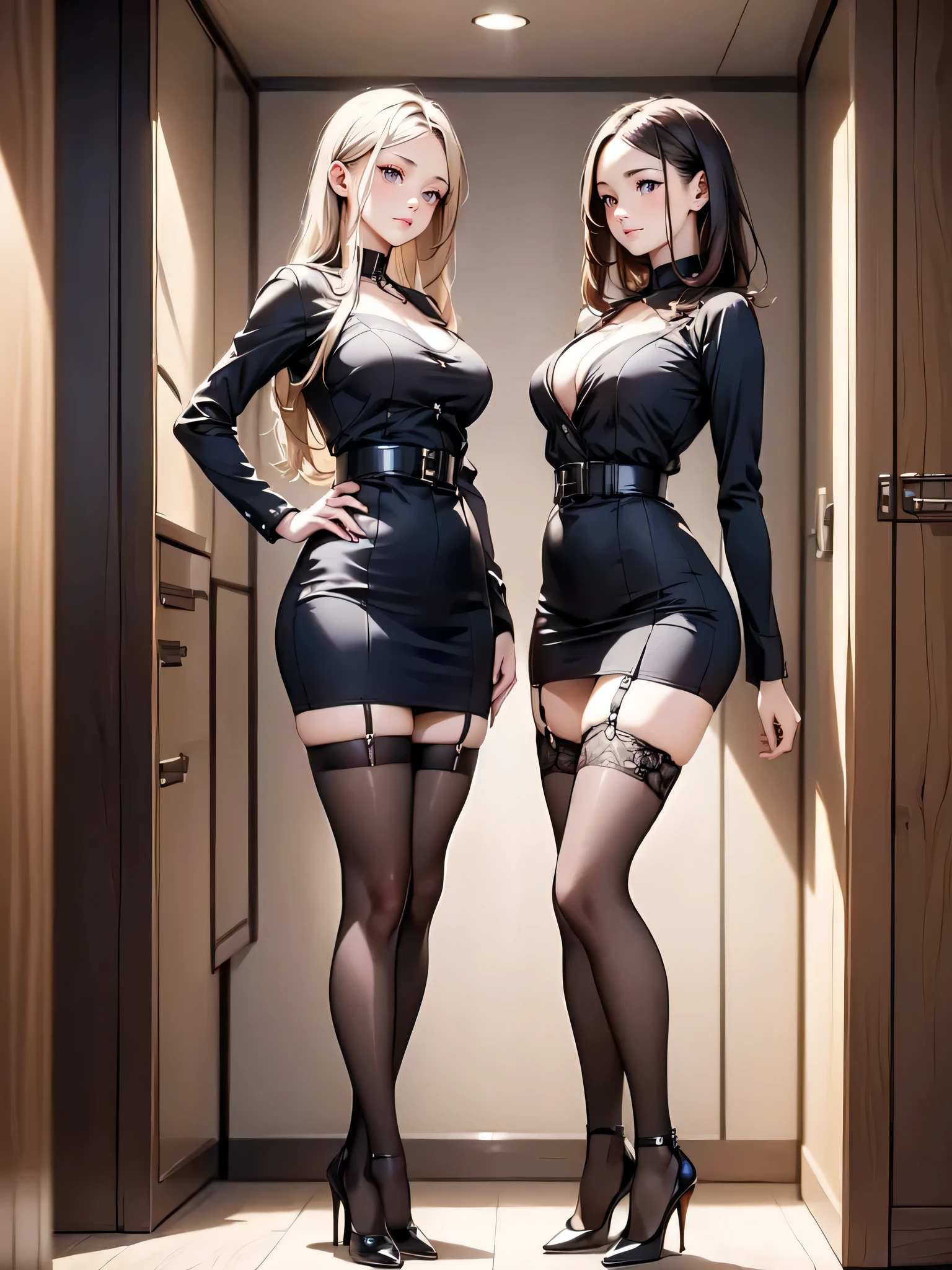 (masterpiece:1.3),(best quality, highest quality),((Full Body Shot,Including face)),1girl,Standing position,4K,masterpiece,((Focus on the face)),((Symmetrical facial features)),Beautiful woman,slender,((High heels,Patterned stockings with straps)),Detailed depiction of the face,locker room,Cafe clerk uniform,Realistic,Profile during break