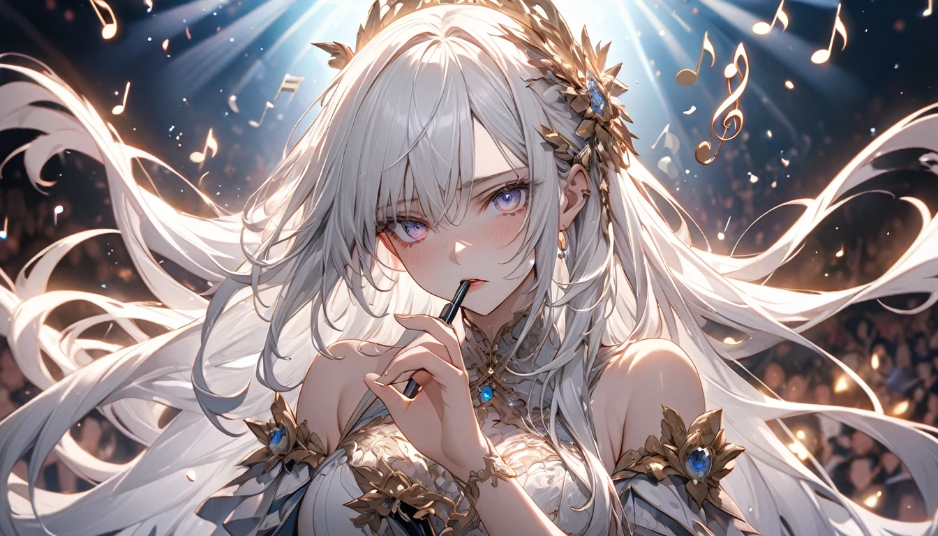 **121. One person。mysterious。Long-haired white-haired girl。Cowboy shot or close-up。
masterpiece , best quality , ultra detailed
(Detailed fingers), (Emotional), (Breathtakingly beautiful), (main part: 1.2 Whole body.), (Anime Style), (Very detailed), (Brutal), (超High resolution, High resolution), (8k), (High resolution: 1.2), (Complex and beautiful: 1.2)**
- background: Luxurious theater stage、In the spotlight。
- Long-haired white-haired girl: Gorgeous costumes, intricately detailed、Sparkling Eyes。I have a microphone in my hand。
- Effects: Light emitted from the microphone、The energy of musical notes floating on the stage。
