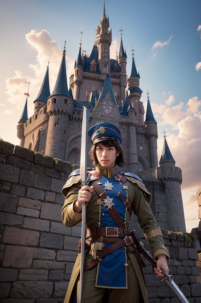 Create a image that a castle candy with a soldier with a sword in hands for the sky