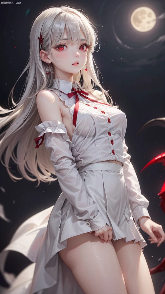 (Highest quality,Very detailed,High resolution:1.2),One Girl,Gray Hair,The most beautiful girl in human history,(1 photo from the front)、暗い red eyes (暗いred eyes:1.1),さみし気なaura(aura:1.1),(mysterious,Ghostly:1.1) atmosphere,Looks like half a demon,(Demonic traits,Demonic traits),(Elaborate,wonderful) Earrings,Small Ass,Elongated beautiful legs、ribbon、White shirt、Uniform skirt、Semi-long hair that reaches the shoulders, ((Upper Body Shot)), (Focus on the chest and face), Medium sized big breasts,A big full moon shines in the dark night sky、Dirty body、Clear eyes、Are standing