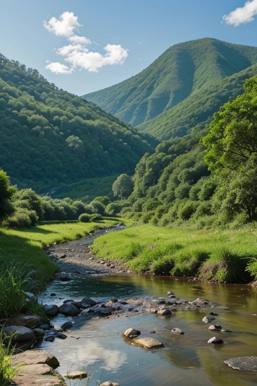 Next to a serene river, an ancient wall stands weathered and worn. The river flows gently under a clear, open sky, reflecting the peaceful surroundings. Cartoonish distant hills and lush greenery add a sense of spaciousness and hope to the scene."