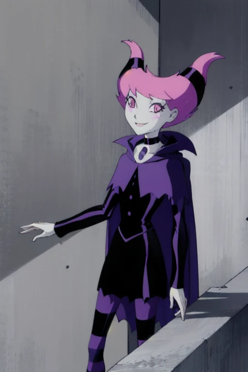 Jinx_TeenTitans, 1girl, solo, pink eyes, pink hair, grey skin, hair up, pale skin, medium hair, hair horns, choker, striped pantyhose, capelet, black dress, jewelry, smile, cape