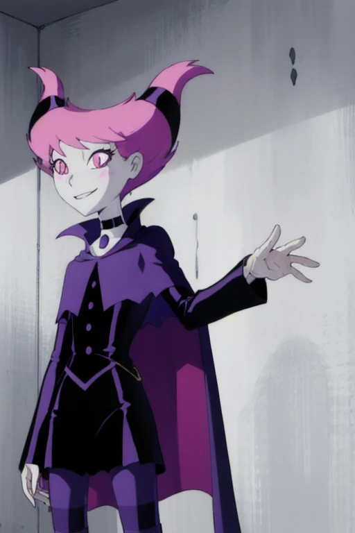 Jinx_TeenTitans, 1girl, solo, pink eyes, pink hair, grey skin, hair up, pale skin, medium hair, hair horns, choker, striped pantyhose, capelet, black dress, jewelry, smile, cape