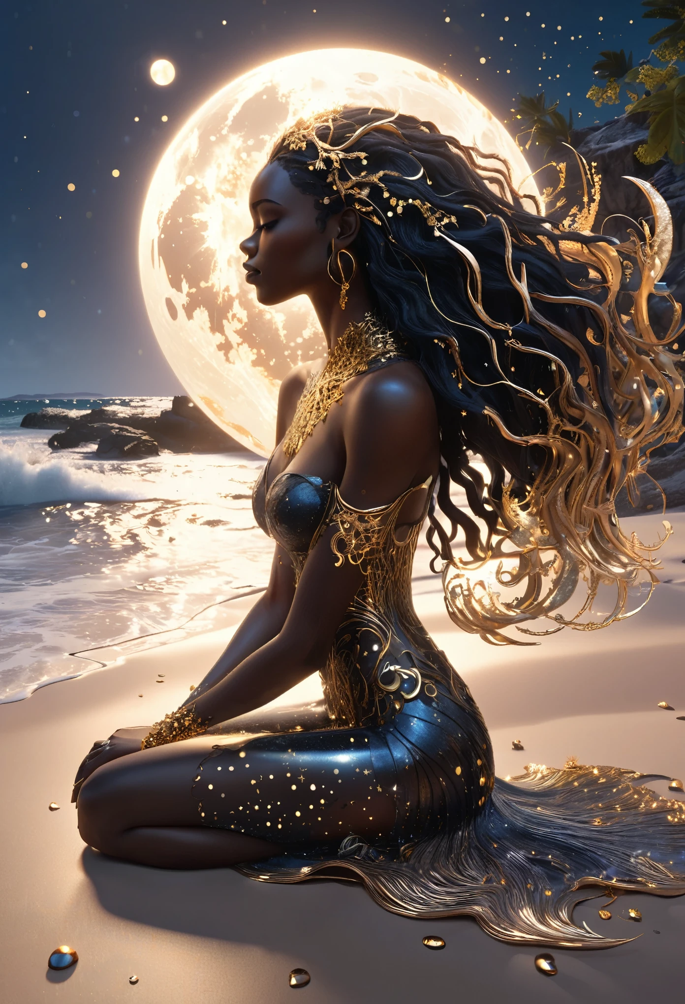 Line illustrations in shape of a black woman holding the moon with gold dots designing the glowing hair, flowing long hair made of twinkling stars, she's sitting at the ocean shore surrounded by glittering seashells and coral reefs, sunrise in the background colliding with the ocean wave, crafted using cutting-edge 3D modeling, Octane rendering, V-Ray, and Unreal Engine, evoking an otherworldly, cinematic atmosphere.