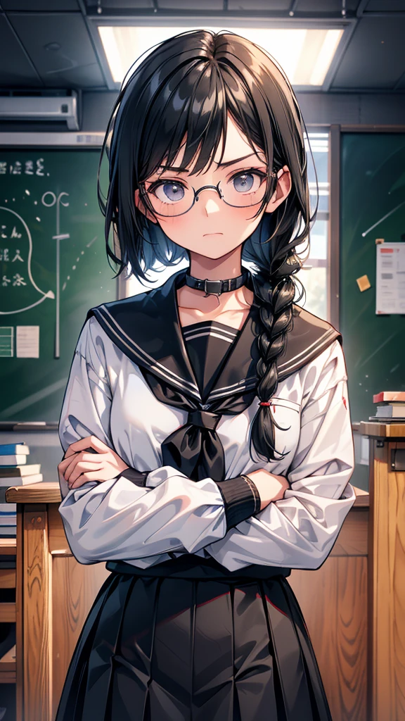 high school student　mature　Braid on right shoulder　Black Hair　expensive　Narrow eyes　Glasses　Expressionless　Glare　frivolous attitude　Country-style black sailor suit　Nagoya collar　Arms crossed　Rural classroom　Close-up of face