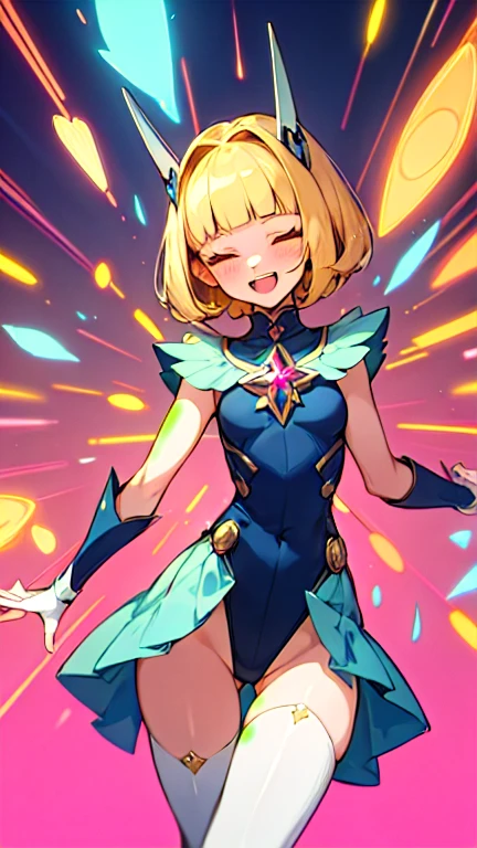 Highest quality,Neotec, Cowboy Shot, 
(One girl, alone, Adult female, Mature Woman), 
Magical girl, Sophisticated, leotard, skirt, Thigh Gap, Magical girl pose, Wink, Laughter, Happy, [Muscular, Biceps], Leg muscles, Magical girl headgear, Machinery Parts, Hip Cutout, Skin Dentition, stockings, 
share_dish,
Blonde, Blunt bangs, 
Neon Background, Glowing background, Magic Background,