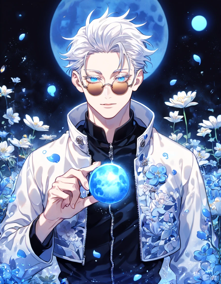 absurdres, highres, ultra detailed, HDR, master piece, Gojou Satoru, white hair, slicked back with bangs, white eyelashes, expressive blue eyes, amber round sunglasses, white cropped jacket, black shirt, Jujutsu Kaisen, sexy man, handsome, best quality, blue moon, flowers, fantasy, magical, solo, water, blue shining fireflies, blue petals, sensual,