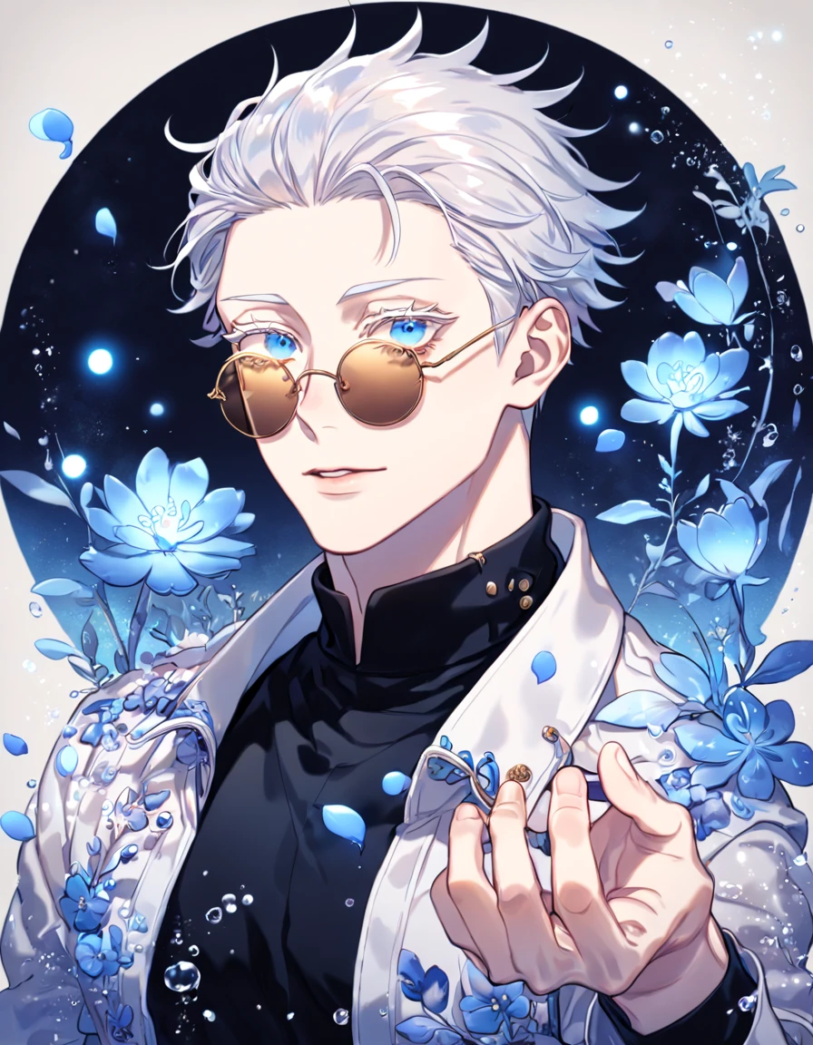 absurdres, highres, ultra detailed, HDR, master piece, Gojou Satoru, white hair, slicked back with bangs, white eyelashes, expressive blue eyes, amber round sunglasses, white cropped jacket, black shirt, Jujutsu Kaisen, sexy man, handsome, best quality, blue moon, flowers, fantasy, magical, solo, water, blue shining fireflies, blue petals, sensual,