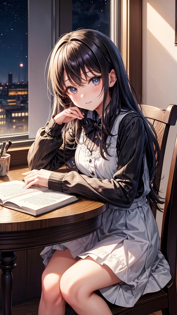 Cute detailed anime girl sitting on her table chair in frount of her room window in night time writing on her book her eyes should be on her book and also add a black cat on her table with a cupe of coffee i her face to word the book