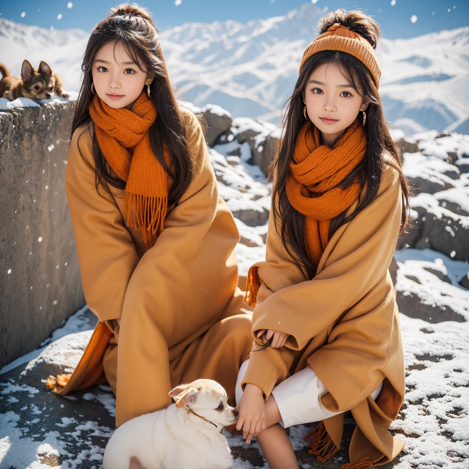 An 8-year-old Asian girl in a brown explorer outfit, wearing a warm scarf and beautiful earrings, is holding an orange long-haired Chihuahua puppy, sitting on the Great Wall of China. The image is high definition and detailed, with vibrant yet soft colors, under bright sunshine with snow falling, taken from an overhead view.
