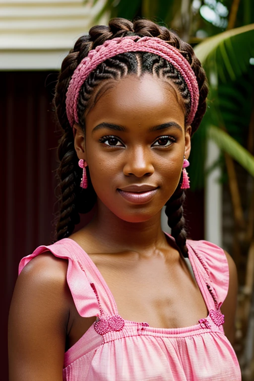 Carribbean woman beautiful face with braids and her pink dress